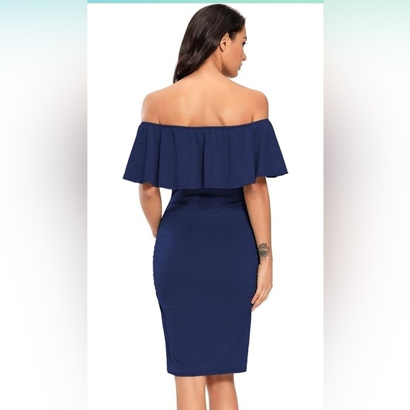 Chic Off-Shoulder Navy Midi Dress - Picture 2 of 4